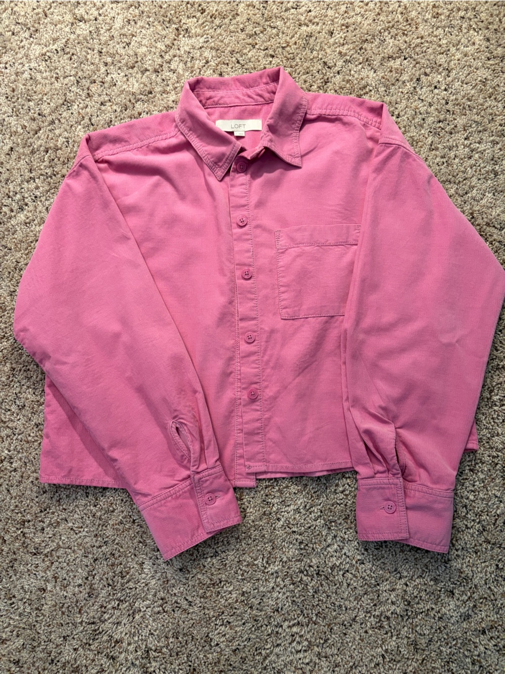 LOFT Pink Long-Sleeve Pinwale Corduroy Button-Up Blouse w/Pocket